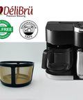 Reusable Gold Tone Mesh Coffee Filter For Keurig K Duo, 8 To 12 Cup Basket, next to Keurig Duo coffee maker, BPA free