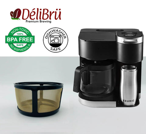 Reusable Gold Tone Mesh Coffee Filter For Keurig K Duo, 8 To 12 Cup Basket, next to Keurig Duo coffee maker, BPA free