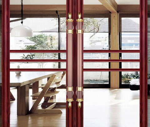 Heavy Duty Barn Door Pull Handle For Interior And Exterior Use, Round Stainless Steel Door Pull Handle For Hotels, Bars, KTV And Coffee Shops, Antique Push Pull Style, Durable Commercial Grade, Easy Grip And Long Lasting installed on glass doors in a wooden-framed room.