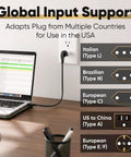 EU To US Travel Plug Adapter 220V To 110V Converter Type A 2 Pack in outlet with laptop and compatibility chart on desk