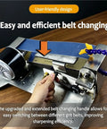 Straight Up Heavy Duty Wet Bench Grinder Featuring Electric Circulating Water Coolant System And Dead On Belt Alignment Rock Solid Steel Frame Anti Skid Base For All Woodworking Tools showcasing user-friendly belt changing design.