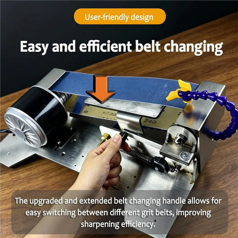 Straight Up Heavy Duty Wet Bench Grinder Featuring Electric Circulating Water Coolant System And Dead On Belt Alignment Rock Solid Steel Frame Anti Skid Base For All Woodworking Tools showcasing user-friendly belt changing design.