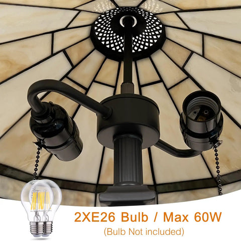 Underside view of Stained Glass Tiffany Style Table Lamp With 2 Lights, showing bulb holders and cream color stained glass shade.