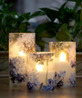 Flameless Battery Operated Candles With Remote Hydrangea Glass Pillar Centerpiece For Wedding And Home Decor, blue hydrangea design