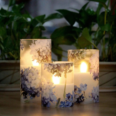 Flameless Battery Operated Candles With Remote Hydrangea Glass Pillar Centerpiece For Wedding And Home Decor, blue hydrangea design