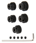 Five Pack 48P Pinion Gear Sets 18T 19T 20T 21T 22T For 3.175mm Shafts Hardened Steel Beefed Up Build Fits 1/8 Inch Shaft And 1/10 RC Cars Monster Trucks Buggies with grub screws and a wrench