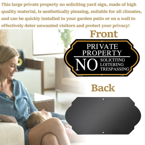 Front and back view of No Trespassing No Soliciting Sign With Stake For Outdoor Private Property with a woman in the background.