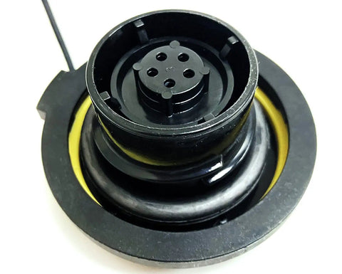Close-up of tethered gas cap with yellow seal for Jeep Wrangler 01 23 Ram 1500 11 18 Hyundai Sonata 06 23 and more