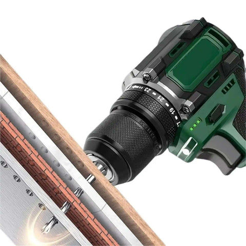 Heavy Duty Cordless Brushless Electric Drill With Metal Ratchet Chuck And 16V Wireless Power Tool drilling into wood.