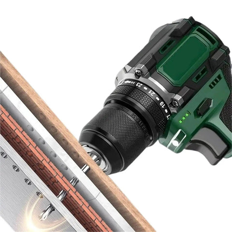 Straight Up Knockout Performance From This 16V Cordless Brushless Power Drill drilling through wood with metal ratchet chuck