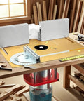 Heavy Duty Aluminum Router Table Insert Plate With Easy Mount Slide Brackets And Bullseye Miter Gauge Fence Built Dang Tough For Weekend Warriors And Delivering Flawless Cuts Every Single Time on workshop table.