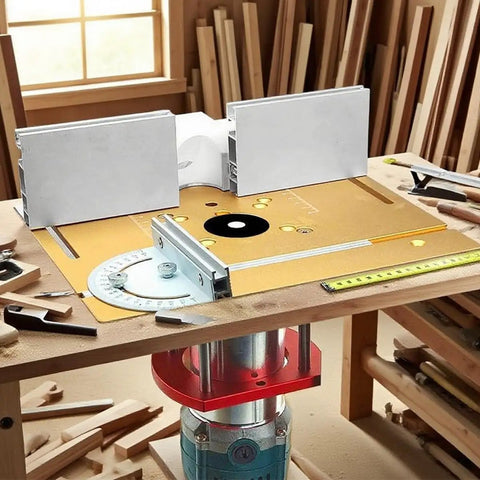 Heavy Duty Aluminum Router Table Insert Plate With Easy Mount Slide Brackets And Bullseye Miter Gauge Fence Built Dang Tough For Weekend Warriors And Delivering Flawless Cuts Every Single Time on workshop table.
