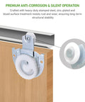 Six Piece Sliding Closet Door Roller Set With Upgraded Bearing Top Rollers Adjustable Screws And Hooks Complete Hardware Replacement shown installed on wooden door