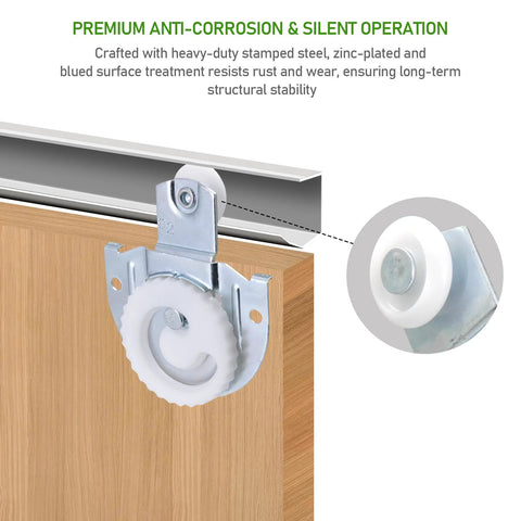 Six Piece Sliding Closet Door Roller Set With Upgraded Bearing Top Rollers Adjustable Screws And Hooks Complete Hardware Replacement shown installed on wooden door