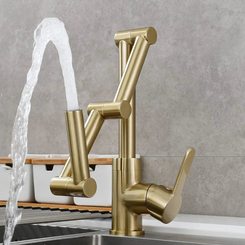 Brushed Gold Pot Filler Faucet 360 Degree Swivel Brass Folding Deck Mount Kitchen Sink Tap with Water Flowing