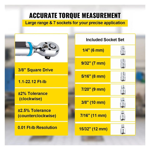 Professional Digital Torque Wrench With 3/8-Inch Bidirectional Ratchet Head For Precision Bicycle Repair And Mechanical Work Adjustable Range Up To 85 Nm Includes Seven Sockets For Accurate Tightening And Loosening Tasks With Easy To Read Display And