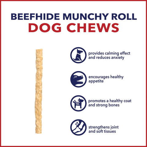 Beefhide Munch Mini Rolls Dog Chew Treats, 5 Inch Crunchy Rolls, Natural Flavor, Ground American Sourced Beefhide With Potato Starch Binder