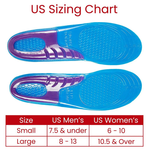 All Day Comfort Gel Insoles For Men And Women Shoe Inserts With Sizing Chart Displayed
