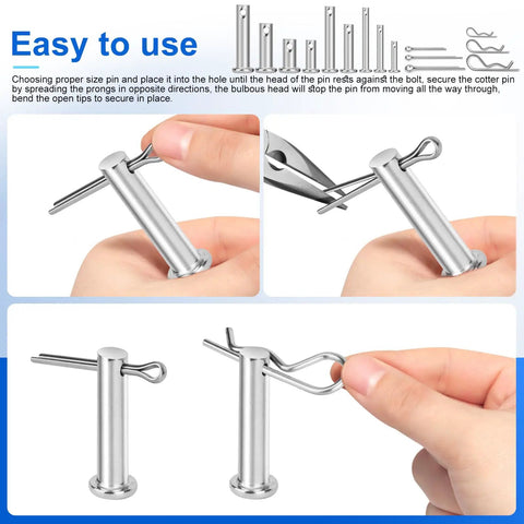 150 Piece 304 Stainless Steel Clevis Pins Cotter Pins R Clips Pro Grade Assortment Kit in use showing hands placing pins