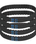 80XL Timing Belts Set Of 4, 0.37 Inch Wide 0.20 Inch Pitch, 40-Tooth Cogged Rubber Belts With Fiberglass Cord stacked in a pile.