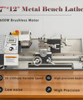 Jaryannix 7X12 Inch Mini Metal Benchtop Lathe With Variable Speed Control Digital Display 600W Brushless Motor on a wooden surface.