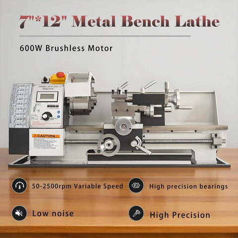 Jaryannix 7X12 Inch Mini Metal Benchtop Lathe With Variable Speed Control Digital Display 600W Brushless Motor on a wooden surface.