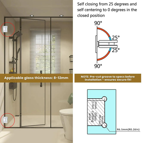 Heavy Duty Brushed Nickel Glass Shower Door Hinges For 90 Degree Corner Mount With Soft Rubber Gasket To Prevent Scratches And Damage Durable Bathroom Hardware Replacement Easy To Install Secure Fit Pair installed on 90-degree frameless shower door.