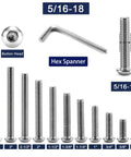 Heavy Duty 304 Stainless Steel Button Head Socket Cap Bolts 5/16-18 X 3/4 Inch 20 Piece Pack with hex spanner and sizes.