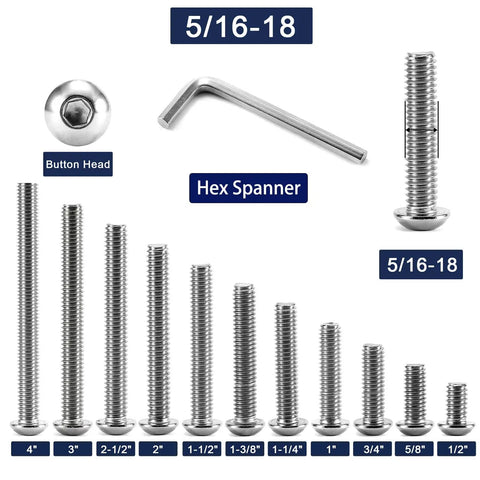Heavy Duty 304 Stainless Steel Button Head Socket Cap Bolts 5/16-18 X 3/4 Inch 20 Piece Pack with hex spanner and sizes.