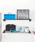 Beefy 2 Pack Heavy Duty Steel Wall Garage Shelves 45 Inch By 15 Inch Wall Mounted Storage With Low Profile Brackets Holds Up To 200 Pounds Per Shelf Hammertone Finish Space Saving Garage Organization with tools and paint cans.