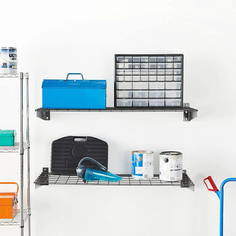 Beefy 2 Pack Heavy Duty Steel Wall Garage Shelves 45 Inch By 15 Inch Wall Mounted Storage With Low Profile Brackets Holds Up To 200 Pounds Per Shelf Hammertone Finish Space Saving Garage Organization with tools and paint cans.