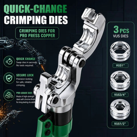 Pro Grade Copper Crimping Tool Kit For Pros And D I Y Guys With One Half Inch Three Quarter Inch And One Inch Jaws Hydraulic Copper Pipe Crimp Tool Kit With Pipe Cutter And Carrying Case For Plumbing HVAC And Industrial Piping, quick-change dies