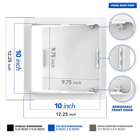 Top Shelf 10X10 Drywall Access Panel For Ceiling Or Wall With Smooth White Cover dimensions showing cut out dimensions and removable door.