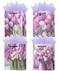4 Pack 9 Inch Small Gift Bags With Handles, Floral Purple Tulip Design, Tissue Paper Included, Gift Bags For Birthday, Mother's Day, Grandma, New Mom, Women, Easy Gift Wrapping For Any Occasion