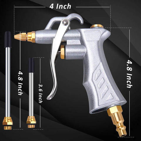 Heavy Duty Air Blow Gun With Brass Adjustable Flow Nozzle And Two Steel Flow Extensions for Dust Cleanup and Dust Busting 2 Pack