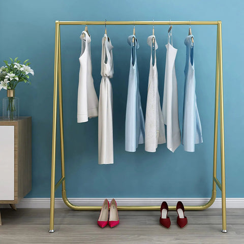 Heavy Duty Industrial Gold Tone Clothes Rail With Tough As Nails Pipe Display Rack For Bedroom Or Closet, Coat And Garment Organizer, 100 Cm By 40 Cm By 130 Cm, Durable Metal Stand For Drying And Storage.