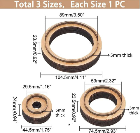 Diagram of Must Have Leather Cutting Dies Set with wooden base, showing three pieces with sizes 29.5mm, 59mm, 89mm for DIY leatherwork.