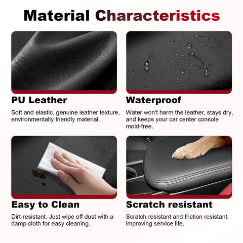 Material characteristics of Lexus NX Center Console Cover Waterproof PU Leather Armrest Pad featuring PU leather, waterproof, easy to clean, scratch resistant qualities.