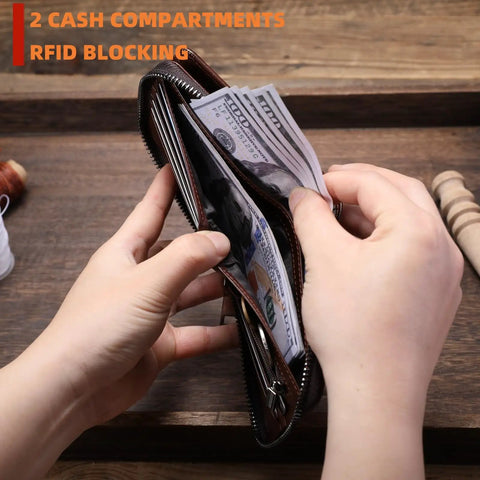 Hands holding Genuine Leather Men's Wallet With Zipper, RFID Blocking, Vintage Vibe, Big Capacity With 14 Card Slots And 1 ID Window, Dual Cash Compartments, Safe Snap And Zipper Closure, Coffee, revealing cash compartments.