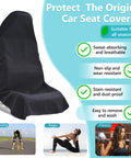 Black universal front seat protector with focus keyword: Universal Front Seat Protector Covers Waterproof And Sweatproof Non Slip Washable Towel Seat Covers For Cars Trucks And Jeeps 2 Pack Ideal For All Seasons display text and person exercising images at the bottom showcasing use for fitness.