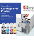 Wireless All-In-One Color Supertank Printer With Refillable Ink Tanks Up To 3 Years Of Ink for home use, shown with ink bottles.