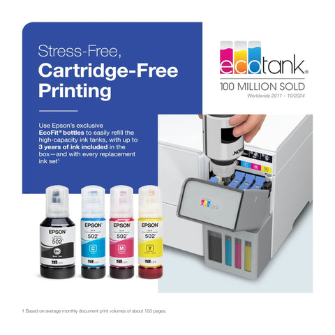 Wireless All-In-One Color Supertank Printer With Refillable Ink Tanks Up To 3 Years Of Ink for home use, shown with ink bottles.