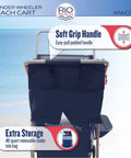 Wonder Wheeler Deluxe All Terrain Utility Cart For Lawn And Beach Folding Tote With 10 Inch Wheels Handles 48 Quart Cooler And Four Beach Chairs shown from front with storage