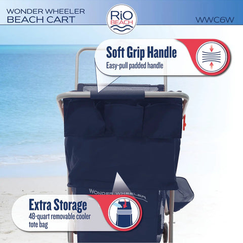 Wonder Wheeler Deluxe All Terrain Utility Cart For Lawn And Beach Folding Tote With 10 Inch Wheels Handles 48 Quart Cooler And Four Beach Chairs shown from front with storage
