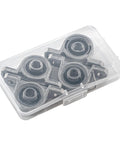 Four 8mm bore ball-mounted pillow block insert bearings in a clear plastic case (top view)