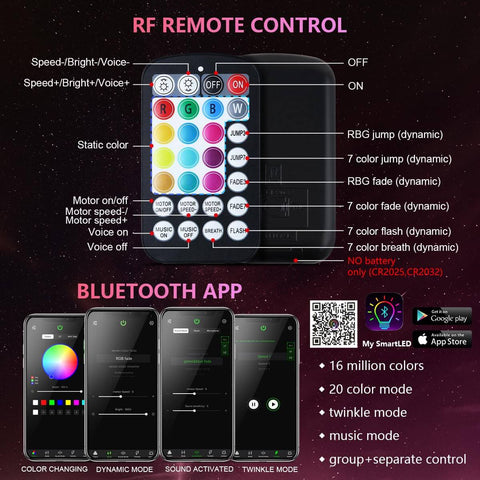 Remote control and app interface for Car And Home Starlight Headliner Kit With 16W High Power RGBW Fiber Optic Lights Twinkle And Sound Activated.