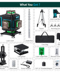 All In One 360 Degree Self Leveling Laser Level Kit With Receiver Tripod And Grade Rod Touch Screen Remote Control 16 Lines 2 Batteries Pro Grade For Construction And Home Renovation, kit contents