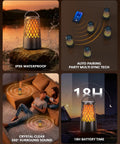 Outdoor Bluetooth Speaker Set With Flame Ambience LEDs Waterproof IPX6 Bluetooth 5.3 Auto Pairing Multi Sync displayed in various scenes.