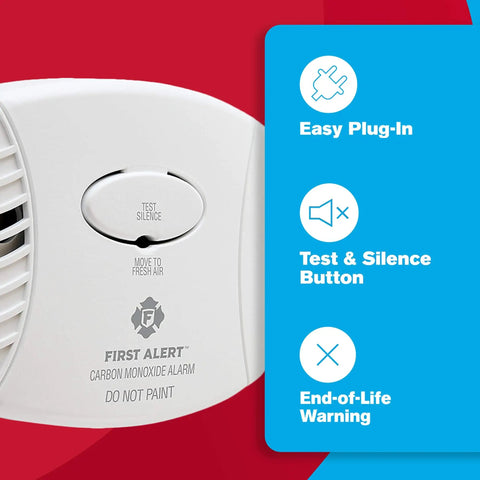 Plug In Carbon Monoxide Detector Alarm With Test And Silence Button CO600 White showing front view with button details.