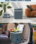Portable 27 Quart Electric Cooler And Warmer For Car Or Home With Handle 12V/24V DC And 100-240V AC shown in home and car contexts.